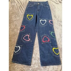 Unbranded Heart Patch Multi Pocket Wide Leg Jeans Medium Wash Denim Womens 28x32